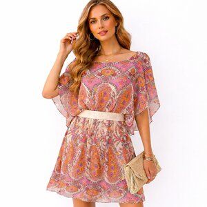 Adrianna Papell Paisley Chiffon Dress Romantic Boho Cream Pink Size 10